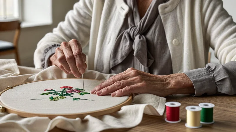 Donna anziana ricama motivi floreali su lino montato su telaio