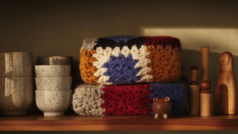 Coperte all'uncinetto, tazze in ceramica e figure intagliate su una mensola